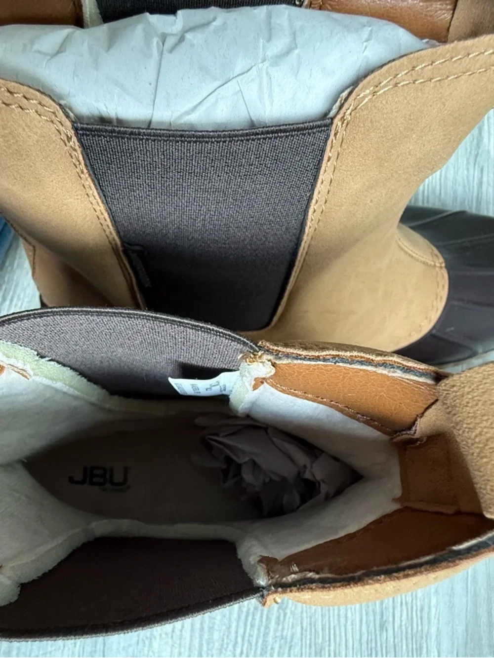 JBU men’s Tan and Dark Brown Duck Boot Chelsea Boots size 13